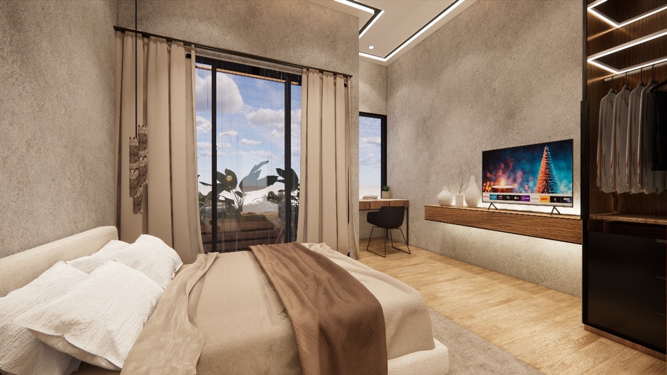 Jasa desain interior minimalis untuk apartemen dengan view kota dan ruangan tidur yang nyaman.
