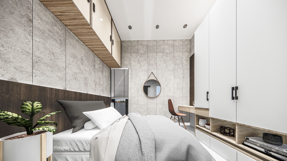 Desain interior kamar tidur minimalis dengan warna putih dan kayu, cocok untuk jasa desain interior rumah.