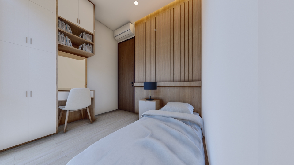 Desain lemari pakaian minimalis modern dengan rak buku dan meja kerja di ruangan