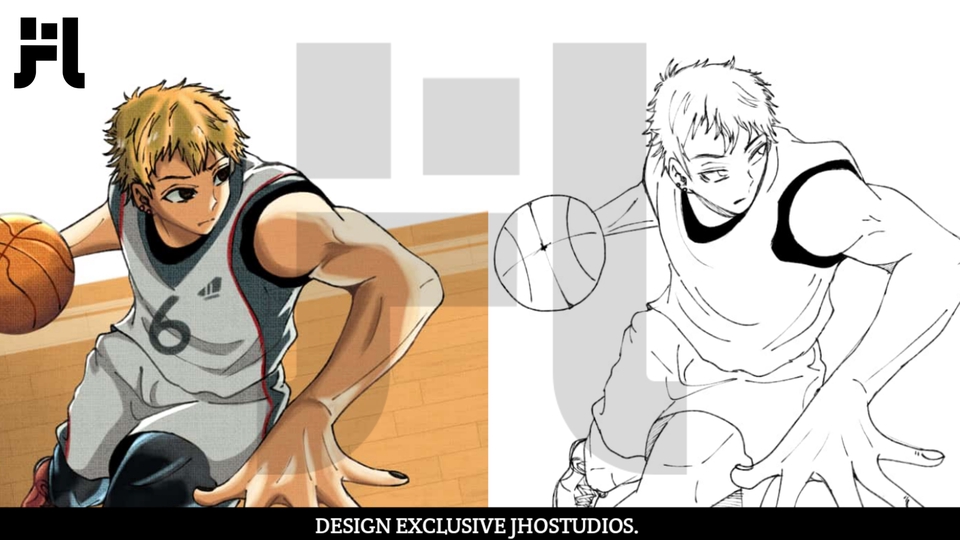 Desain karakter laki laki dengan bola basket bertema olahraga. Layanan jasa pembuatan karakter vtuber.