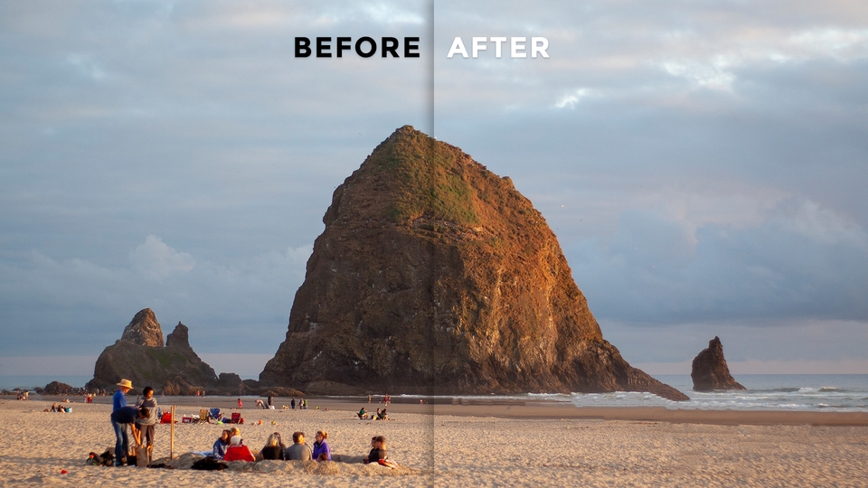 Jasa Photoshop - Sebelum dan Sesudah Mengedit Foto Pantai dengan Tebing Batu Besar dan Orang-orang di Pantai