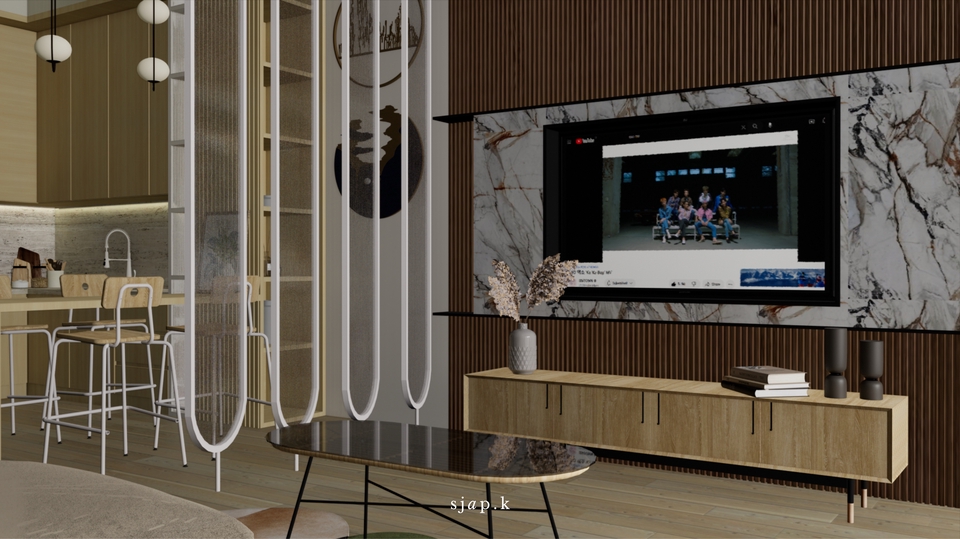 Jasa desain interior cafe minimalis modern dengan sofa dan meja kayu, desain cafe sederhana dengan dinding bata ekspos, jasa desain interior cafe di Jakarta.