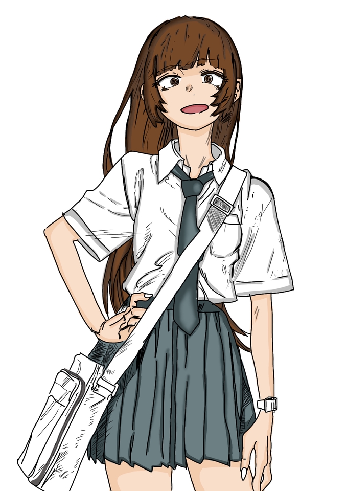Jasa ilustrasi digital, karakter anime wanita berambut coklat, memakai seragam sekolah, dan membawa tas.
