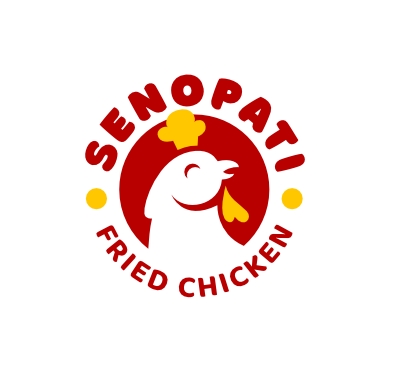 Logo restoran cepat saji dengan ayam goreng dan tulisan Senopati Fried Chicken