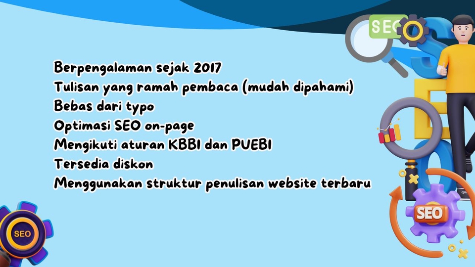Jasa penulisan konten untuk website dan media sosial dengan SEO on-page yang baik, bebas dari typo dan mudah dipahami, mengikuti aturan KBBI dan PUEBI.