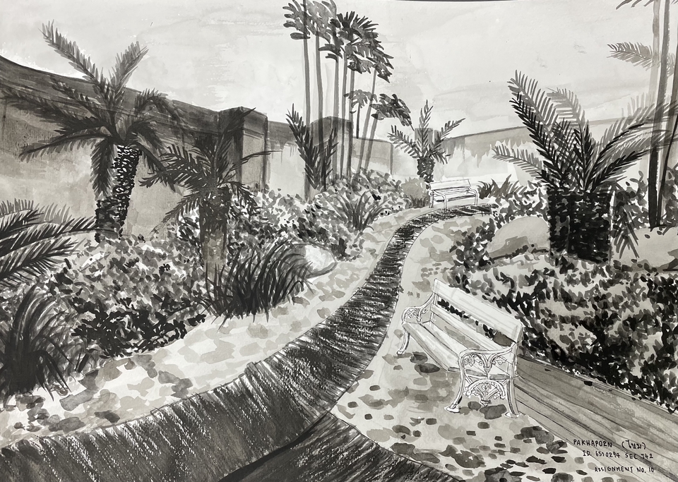 รับวาดภาพประกอบ สวนเขียวชอุ่ม มีม้านั่ง 2 ตัว