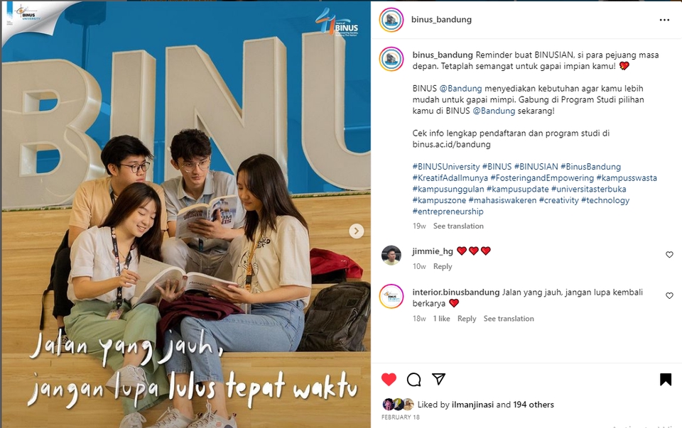 Jasa iklan Instagram, jasa marketing Instagram, jasa promosi di Instagram, BINUS University, kampus, kuliah di Jakarta, kuliah di Indonesia, penerimaan mahasiswa baru, program studi.