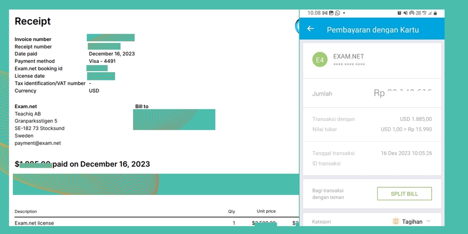Jasa pembayaran online kartu kredit, bukti pembayaran Exam.net via Visa, Rp 1.883.000