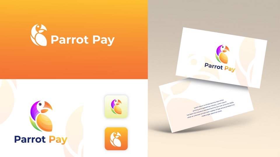 Desain logo Parrot Pay dengan warna-warna cerah dan burung beo abstrak
