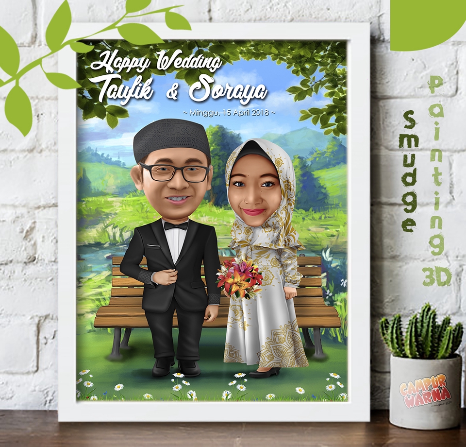 Jasa lukis karikatur pernikahan, desain wajah kartun untuk pasangan Taufiq dan Soraya, gambar karikatur pernikahan, kartun wajah couple, harga karikatur.