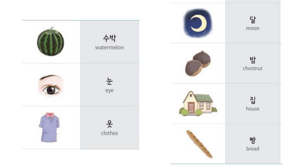 Belajar bahasa Korea online: kosakata dasar dengan gambar, termasuk buah semangka, mata, pakaian, bulan, chestnut, rumah, roti, dan contoh.