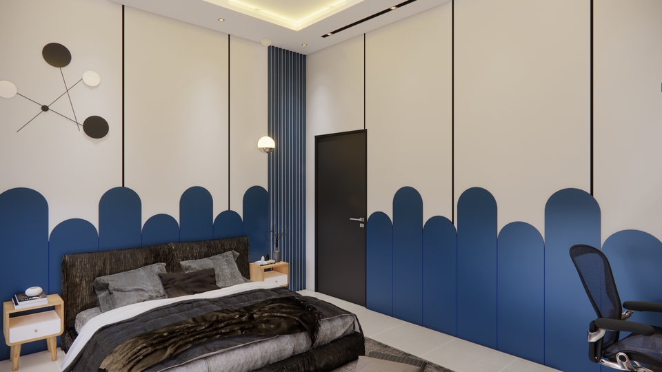 Desain interior kamar tidur minimalis modern dengan nuansa biru dan putih, cocok untuk jasa desain interior rumah