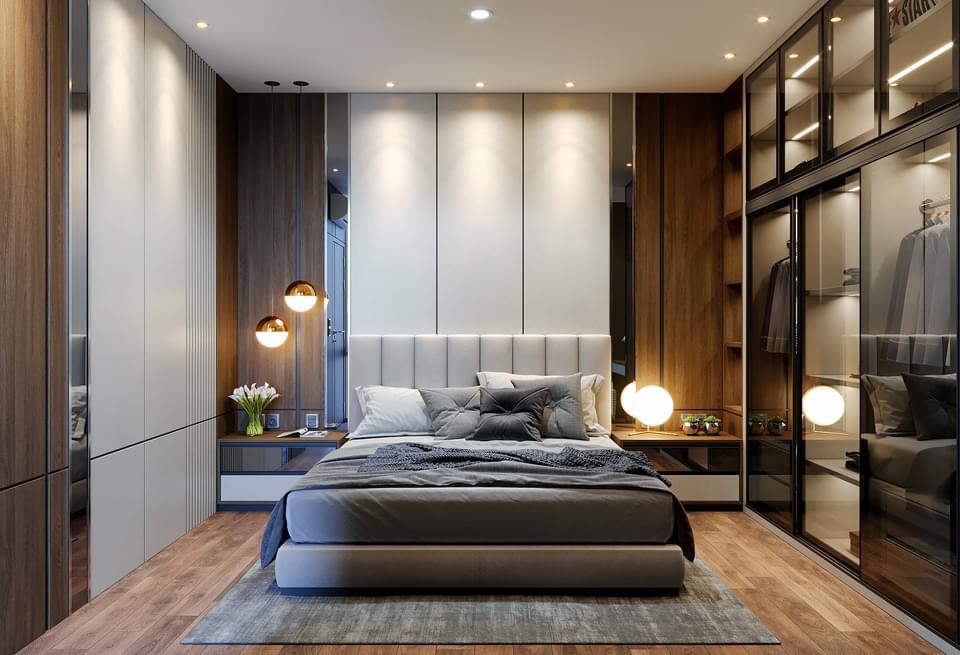 Desain kamar tidur minimalis dengan lemari pakaian, lemari kaca dan meja rias