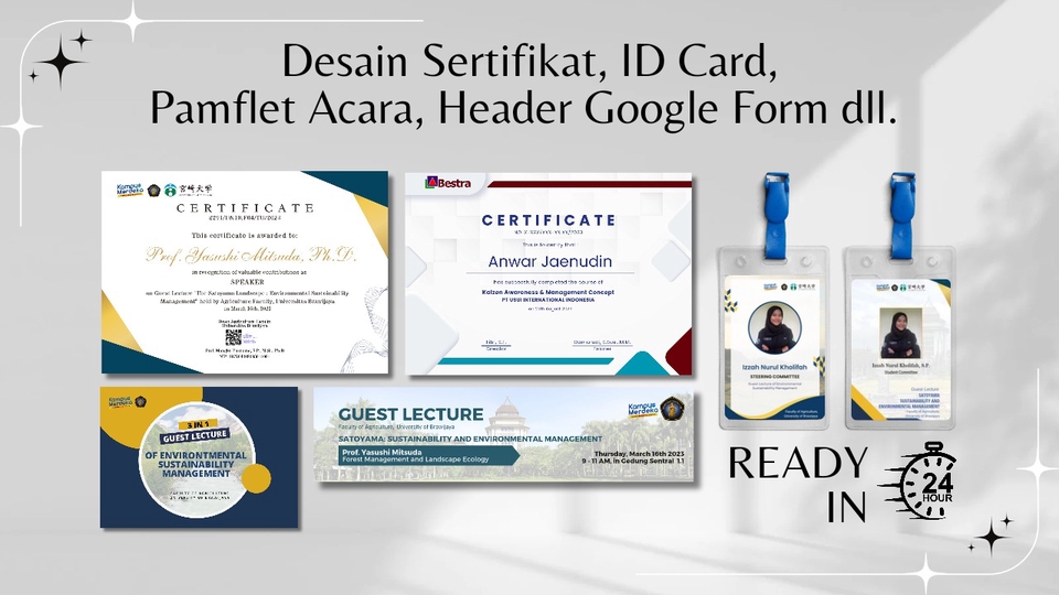Desain sertifikat, ID card, pamflet acara, header Google Form dll. untuk kebutuhan perusahaan, organisasi, atau pribadi. Layanan desain profesional dengan harga terjangkau.