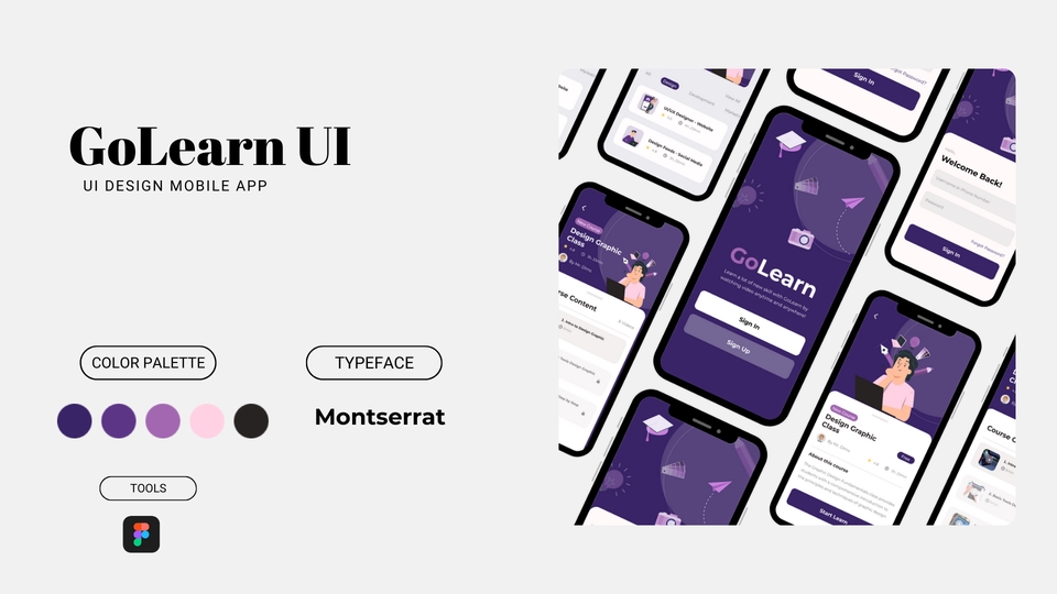 Desain UI UX mobile app dengan tema pembelajaran, menampilkan mockup layar aplikasi dengan tampilan minimalis dan modern.