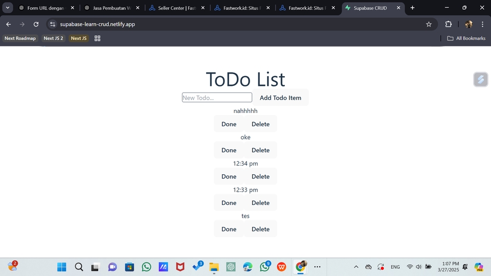 Jasa pembuatan website ToDo List dengan fitur CRUD, delete, dan edit, menggunakan teknologi Javascript, Node.js, Express.js, dan React.js.