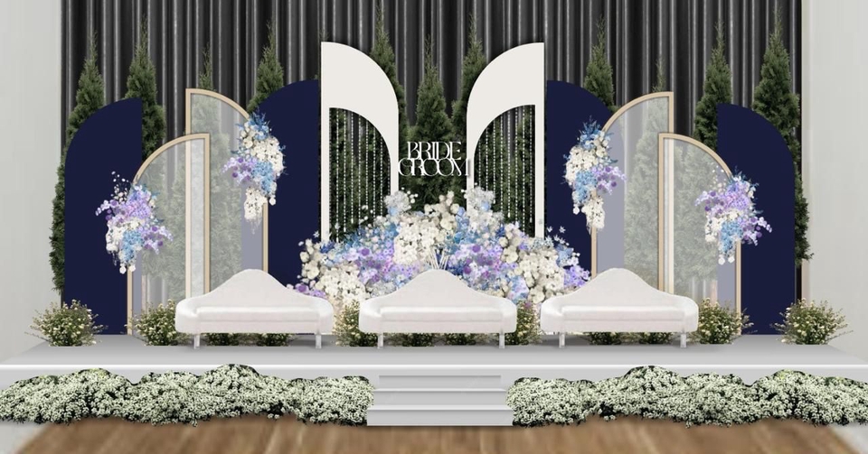 Jasa Ilustrasi Wedding dengan latar belakang biru dan putih, dengan dekorasi bunga putih dan biru.