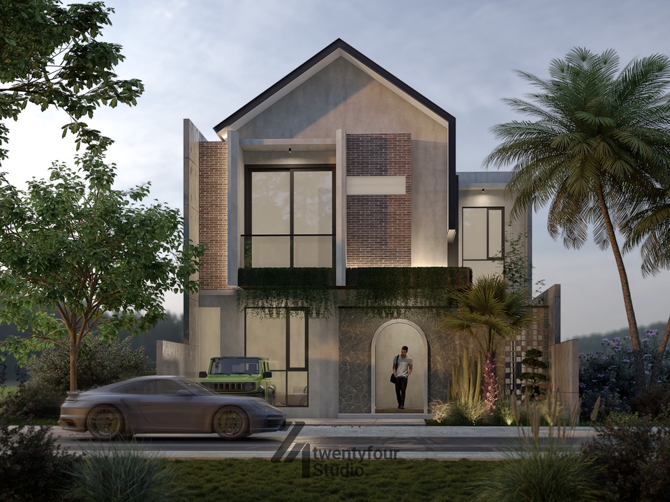 Jasa desain exterior rumah minimalis modern 3d dengan taman dan kolam renang.