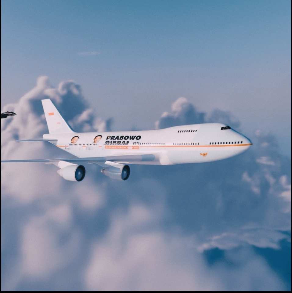 Jasa pembuatan video animasi 3d pesawat terbang dengan logo Prabowo Gibran.