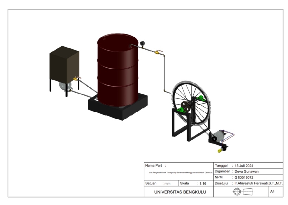 Jasa drafter autocad untuk pembuatan gambar sistem irigasi dengan pompa air, bak penampungan air, dan roda penggerak.