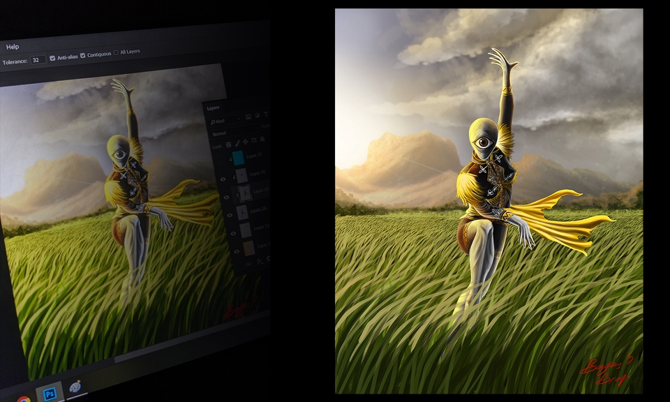 Ilustrasi digital alien wanita berpakaian kuning sedang menari di padang rumput hijau