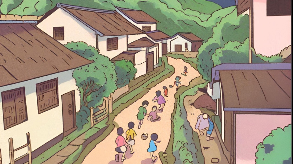 Ilustrasi kartun anak bermain di lingkungan perumahan dengan berbagai rumah dan taman.