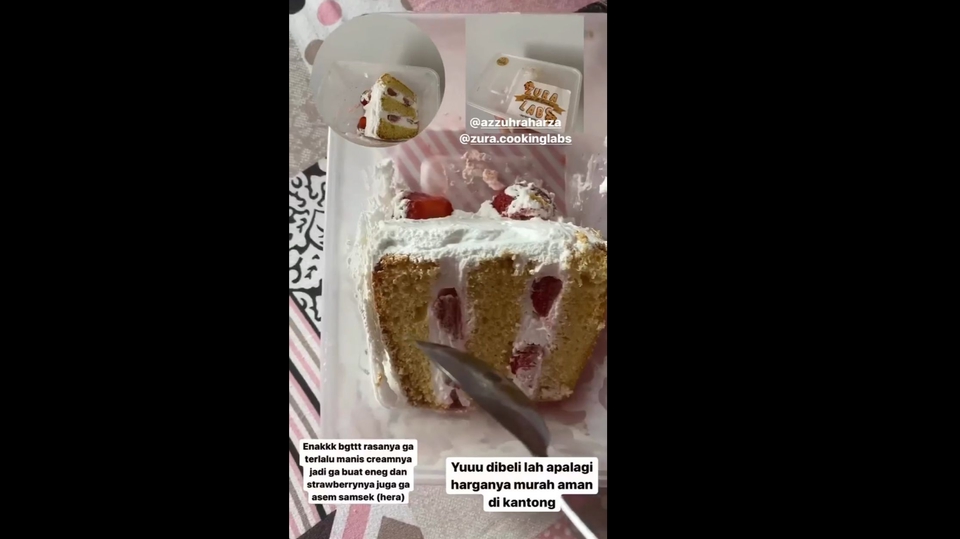Jasa review produk makanan dan minuman seperti kue strawberry dengan krim keju di kafe.