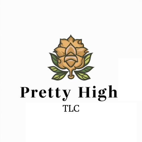 Logo untuk bisnis  "Pretty High TLC" dengan desain bunga oranye dan hijau