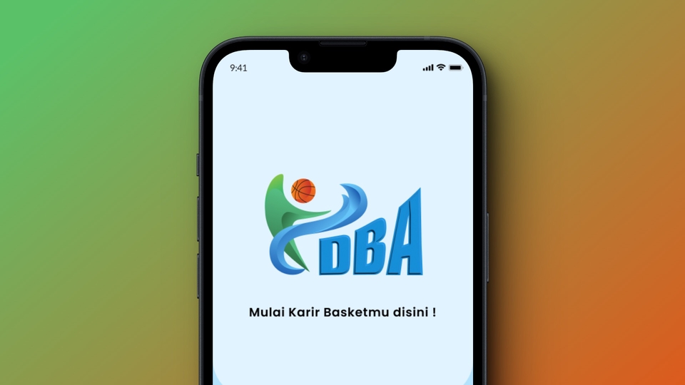 Desain UI UX Mobile App untuk platform olahraga basket "DBA" dengan tagline "Mulai Karier Basketmu disini!"