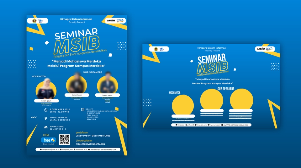 Desain brosur seminar online dengan tema menjadi mahasiswa merdeka melalui program kampus merdeka.