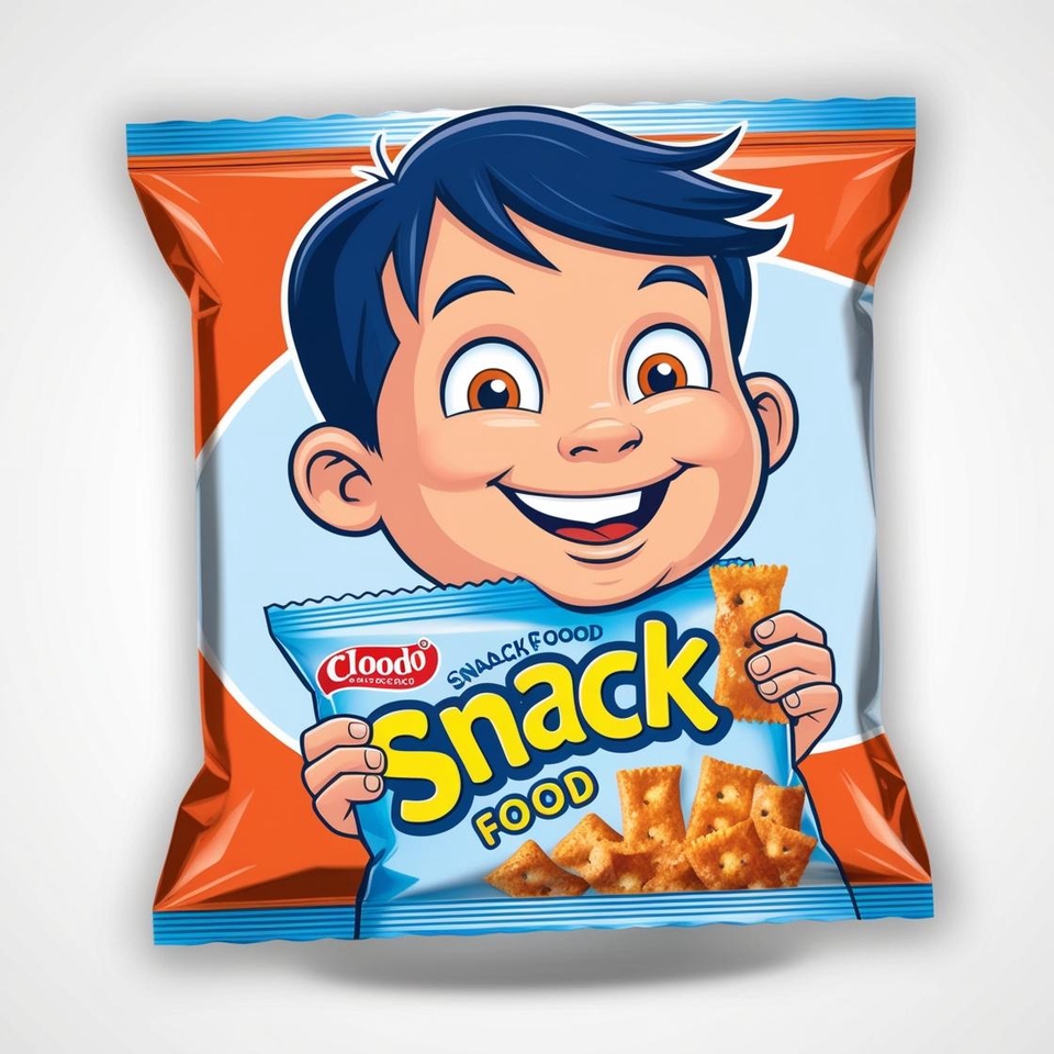 Jasa desain logo makanan dengan logo kartun anak kecil memegang snack dan tagline Snack Food