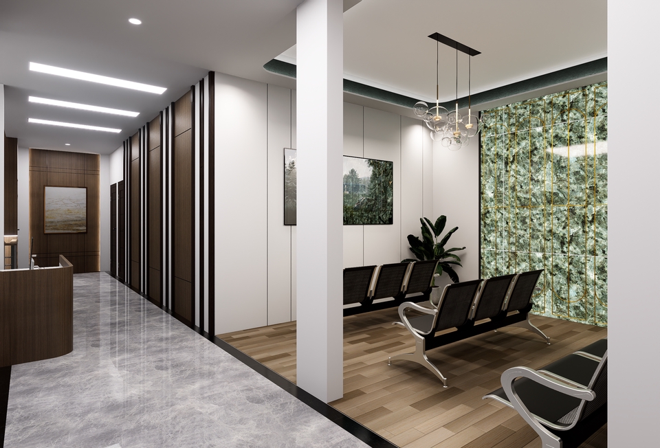 Desain interior ruang tunggu minimalis dengan kursi tunggu dan dinding bertekstur unik untuk desain kantor atau ruang publik.