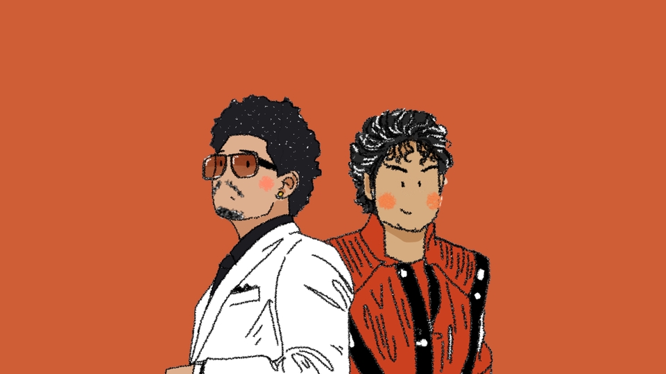 Ilustrasi dua pria, salah satunya menggunakan kacamata, berpose sampingan dengan latar belakang berwarna oranye.