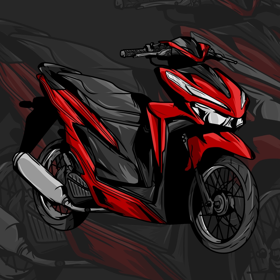 Jasa ilustrasi motor matic merah hitam dengan desain grafis modern dan detail.