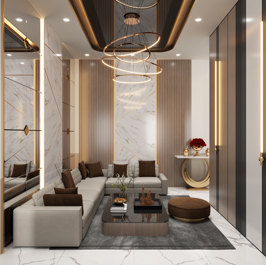 Jasa desain interior ruang tamu minimalis modern dengan warna netral dan pencahayaan yang baik, cocok untuk rumah dan apartemen di Indonesia.