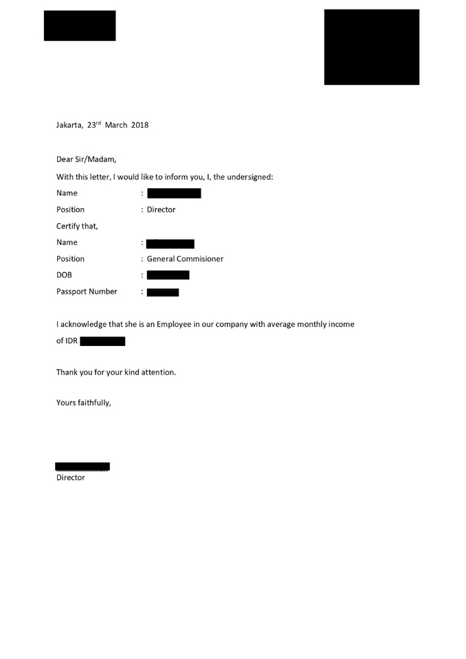 Surat resmi jasa konsultasi hukum di Jakarta, dengan tanda tangan direktur, memberikan keterangan karyawan dengan gaji bulanan dan menyatakan jasa legal untuk bisnis dan hukum.
