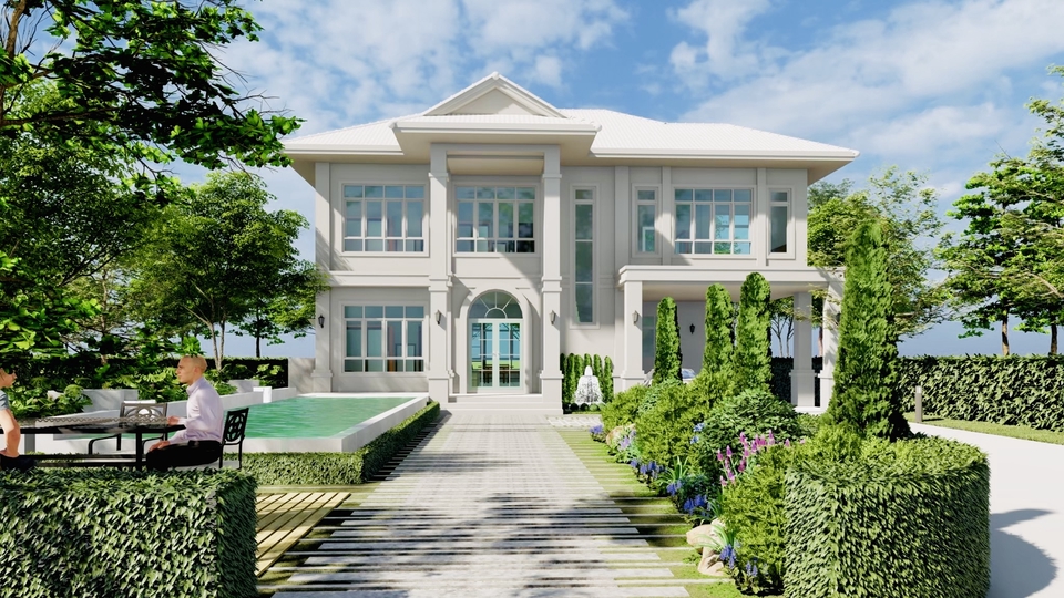 รับออกแบบภูมิทัศน์สวยหรู บ้านสไตล์ยุโรป จัดสวนหน้าบ้านสวย ออกแบบสวน จัดสวน งบประมาณที่เหมาะสม