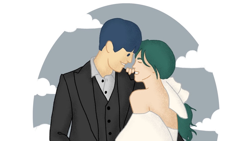 Jasa pembuatan karikatur pernikahan, pasangan pengantin dalam desain vektor, ilustrasi wajah berwarna, layanan ilustrasi wajah karikatur freelance.