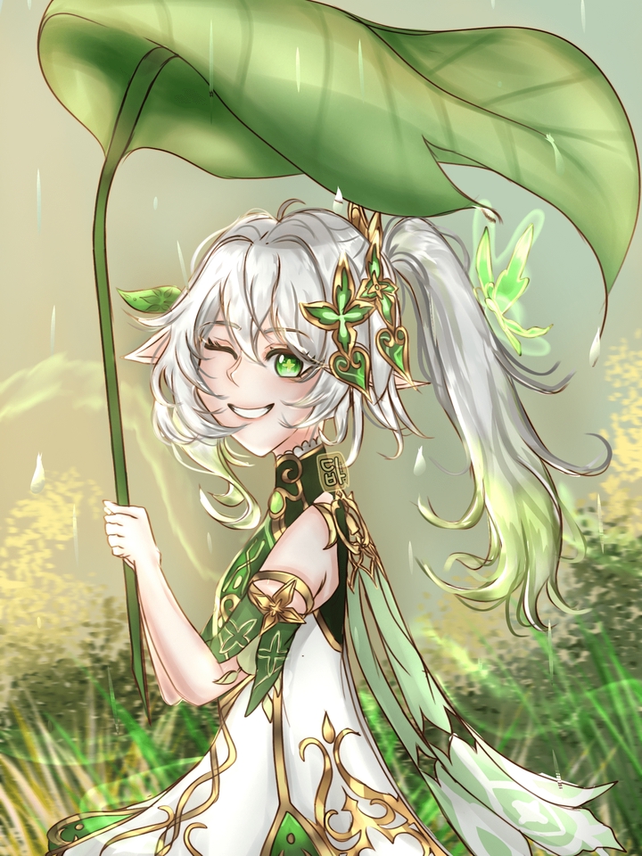 Ilustrasi anime wanita berambut putih dengan daun hijau di belakangnya, desain grafis, jasa ilustrasi anime, gambar kartun.