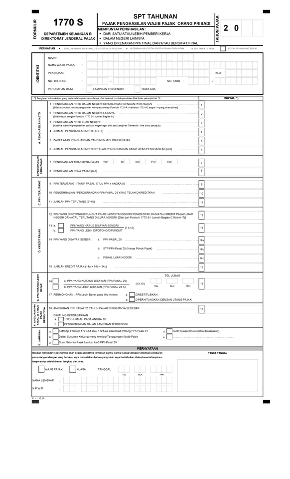 Formulir pajak penghasilan tahunan wajib pajak orang pribadi 1770 S tahun 20