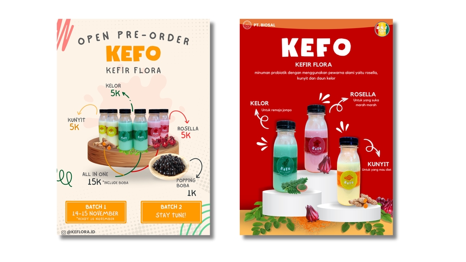 Infografis Kefa Kefir Flora: Promosi minuman probiotik dengan desain modern dan informatif, harga mulai 5k, pesan sekarang!