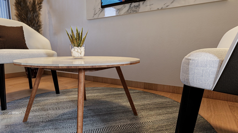 Jasa desain interior minimalis untuk ruang tamu dengan meja dan kursi modern.