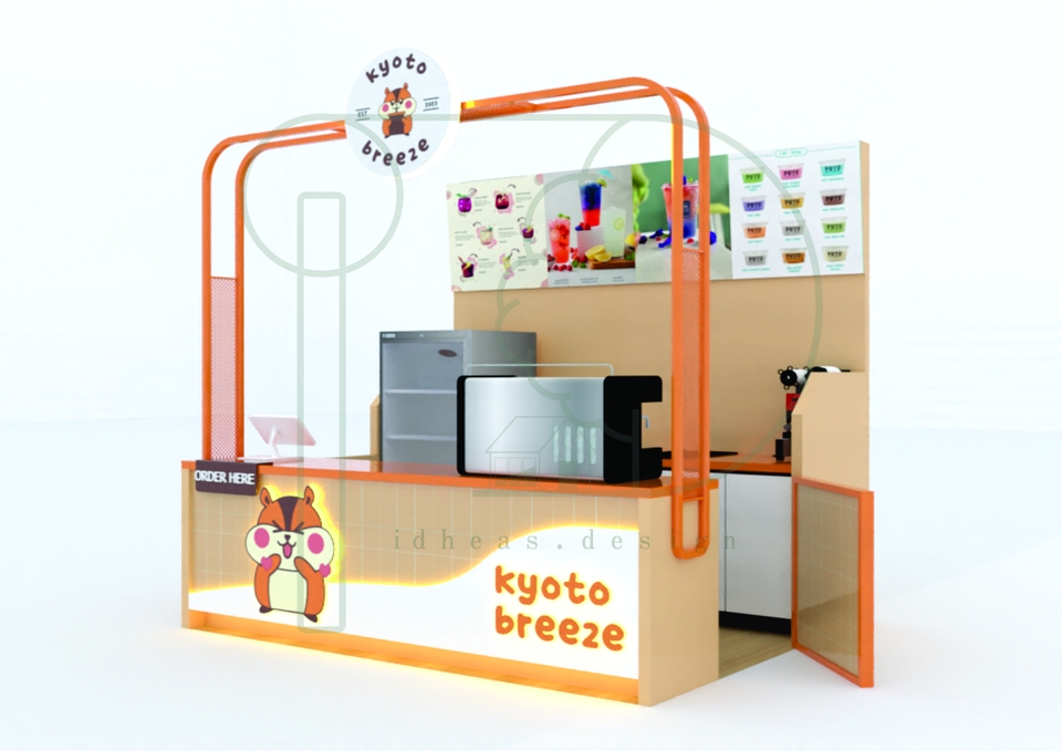 Desain booth pameran minimalis dengan warna orange untuk usaha minuman dan makanan.