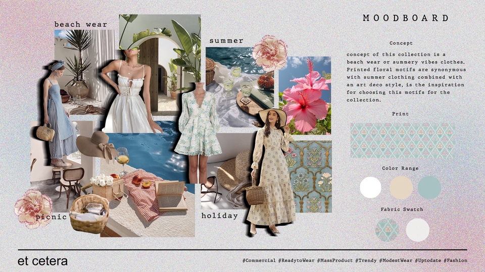 Jasa desain ilustrasi moodboard untuk pakaian wanita dengan tema pantai musim panas, berisi inspirasi gambar, palet warna, dan desain pola.