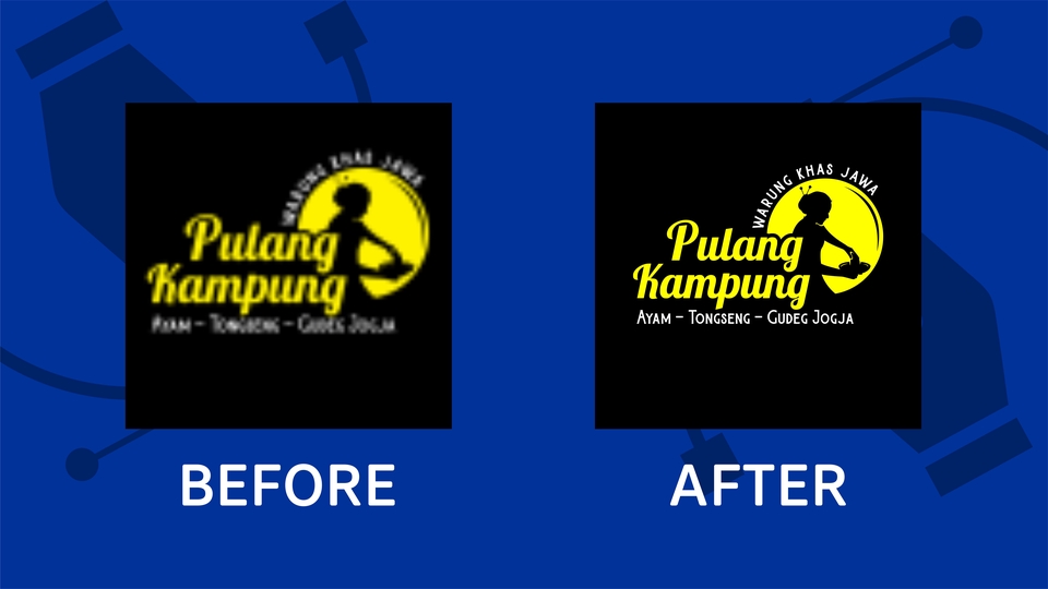 Jasa ilustrasi logo restoran "Pulang Kampung" dengan desain gambar kartun ayam dan ilustrasi makanan khas Jawa.