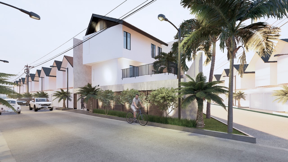 Jasa desain 3d exterior rumah minimalis modern dengan taman dan kolam renang.