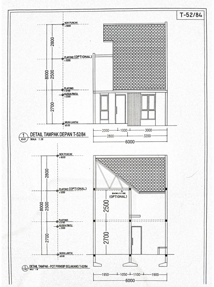 Jasa drafter autocad freelance untuk pembuatan gambar denah rumah T-52/84 dengan detail tampak depan dan tampak belakang
