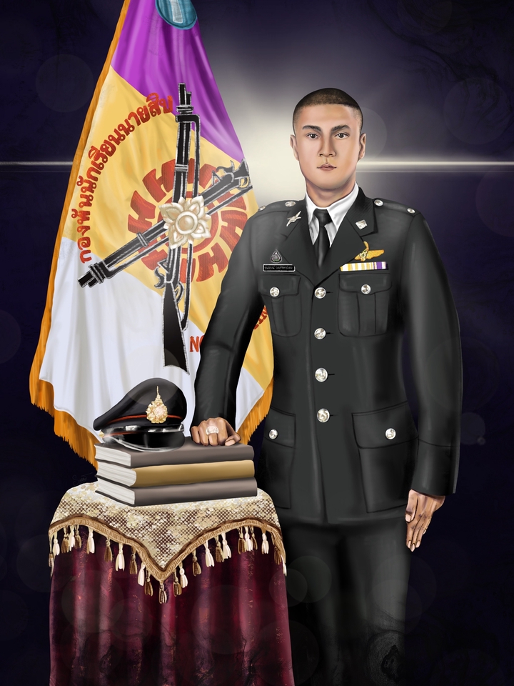 รับวาดรูปการ์ตูน ผู้ชายในชุดทหาร ยืนถือหมวกอยู่หน้าธงชาติ
