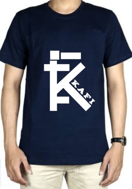 Desain kaos custom dengan motif logo "KAFI" berwarna putih di kaos berwarna biru tua
