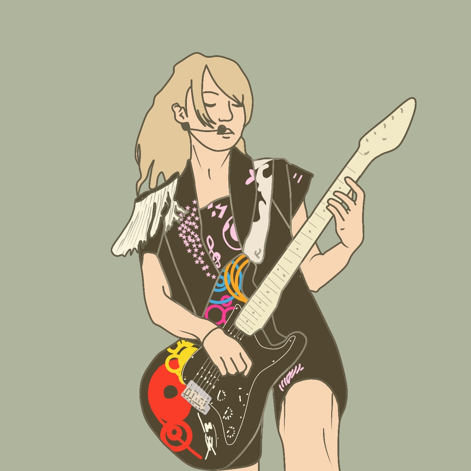 Ilustrasi wanita rocker berambut pirang sedang memainkan gitar